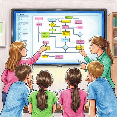 Kinder stehen vor einem Monitor mit organisatorischen Angelegenheiten.